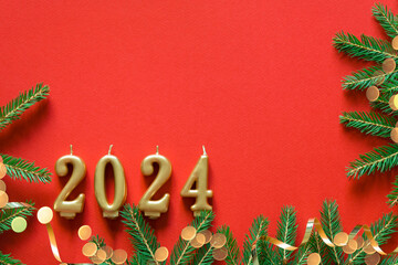 Wall Mural - happy new year frame. christmas card banner with christmas tree branches and gold candle numbers 202
