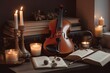 © nsit0108 - Vintage instruments candles books. Incredible and artistic objects bathed glowing light. Generate AI