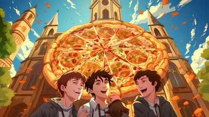 Wall Mural - Cute little pizzeria house, delicious juicy pizza on a sunny day illustration.