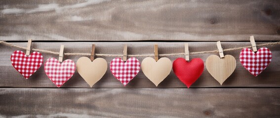 Hearts hanging on rope over wooden background. Valentines day background