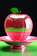 Shiny red apple with green leaf on glittering neon dish, vibrant 3D illustration