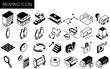 Finding a room in a rental property: moving icon set (isometric)