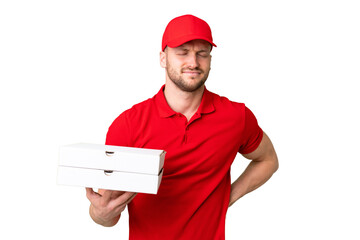 Wall Mural - Pizza delivery man with work uniform picking up pizza boxes over isolated chroma key background suffering from backache for having made an effort