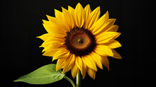 A Single, Bright Sunflower With A Vivid Yellow Bloom, Set Against A Black Background