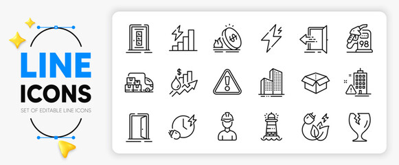 Power, Rise price and Lighthouse line icons set for app include Building warning, Consumption growth, Entrance outline thin icon. Delivery truck, Petrol station, Open box pictogram icon. Vector