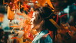 Chinese new year, portrait of a woman, holiday, decorations paper lanterns, blurred glowing lights in the background. China