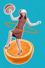 Poster - Vertical collage picture of positive black white colors mini girl dancing big orange fruit enjoy christmas time isolated on blue background