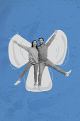 Poster - Vertical collage image of two black white effect partners embrace arms waving isolated on creative blue background