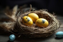Quail Eggs Nest. Multicolored Small And Round Objects With Spots Table. Generate AI