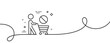 Stop shopping line icon. Continuous one line with curl. No panic buying sign. Man with shopping cart symbol. Stop shopping single outline ribbon. Loop curve pattern. Vector