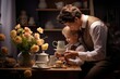 © Ifti Digital - Father and son drinking tea in the kitchen. Father's day concept, Dad teaching son to make a cup of tea on Mothers Day, AI Generated