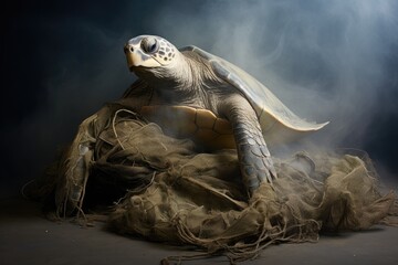 Wall Mural - Tortoise in the smoke on a dark background. Studio shot, Dead turtle in fishing nets, AI Generated