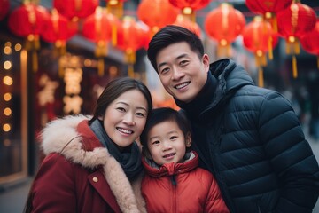 Happy Asian Family Celebrating Chinese New Year Outdoors