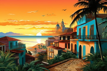 Wall Mural - Historic Charm: Vibrant Colonial Architecture of Porto Seguro, Bahia in Digital Illustration