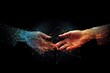 © Ifti Digital - Close up of human hands touching with finger virtual connection lines on dark background, Hands united together to form lines, triangles, and particle-style design, AI Generated