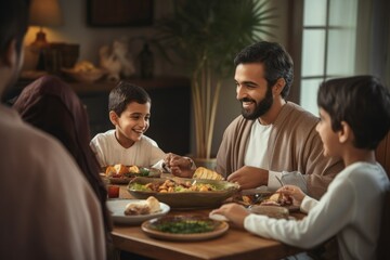 Happy family having dinner together at home. Father, mother and children eating healthy food, Handsome arabian man talking to cheerful multicultural muslim family during dinner, AI Generated