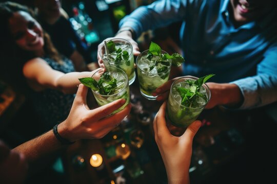 Close-up view of male and female hands holding glasses with mojito cocktail, Happy group of friends cheering with mojito drinks at a cocktail bar restaurant, top view, no face, AI Generated