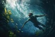 Underwater view of young man diving in deep blue ocean with fishes, A surfer man with a surfboard dives underwater with an ocean wave beneath, AI Generated