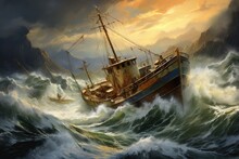 Old Ship In Stormy Sea With Storm Waves. 3d Illustration, A Vintage Fishing Boat Navigating Rough Seas, AI Generated