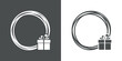 Tiempo de Navidad. Logo con marco circular con líneas con silueta de caja de regalo con lazo de cinta para su uso en felicitaciones y tarjetas