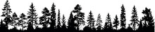 Set Of Silhouettes Featuring Horizontal Arrangements Of Coniferous Spruce Fir Trees On A Transparent Background. Generative AI