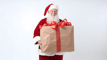 Happy Santa Claus With Present Gift Boxes In Hand To Distribute On Christmas With White Background, Christmas Santa, Christmas Background, New Year