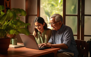 granddaughter and grandpa using laptop together at home