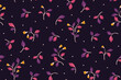 © Yulya i Kot - Seamless floral pattern, abstract ditsy print with mini winter branches. Cute botanical design: small hand drawn branches, tiny yellow flowers, purple leaves on a dark. Vector simple flower pattern.