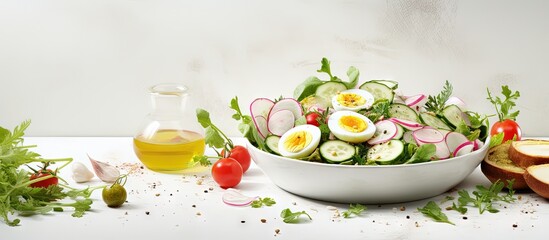 Poster - Easter salad with boiled egg radish and cucumber dressed with dijon mustard and lemon on a white table copy space image