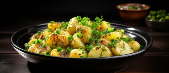 Aufkleber - Gherkin infused warm potato salad on black plate copy space image