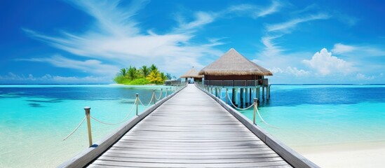  Exotic summer getaway stunning Maldives with tropical landscapes wooden bridge water villas and beautiful island beaches copy space image