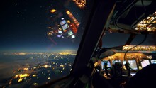 Timelapse From The Cockpit Of An Aircraft During The Night. City Lights And Lots Of Stars Seen Outside Through The Window. Instruments Of The Cockpit Visible