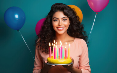 Wall Mural - Young indian woman holding cake in hand, celebrating birthday