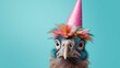 Creative animal concept. Eagle bird in party cone hat necklace bowtie outfit isolated on solid pastel background advertisement, copy text space. create using a generative ai tool 