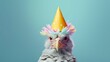 Creative animal concept. Eagle bird in party cone hat necklace bowtie outfit isolated on solid pastel background advertisement, copy text space. create using a generative ai tool 