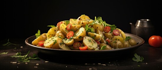 Aufkleber - Gherkin infused warm potato salad on black plate copy space image