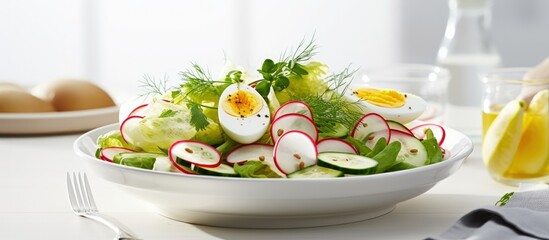 Poster - Easter salad with boiled egg radish and cucumber dressed with dijon mustard and lemon on a white table copy space image