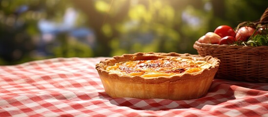 Leinwandbilder - French quiche in a striped napkin placed in a rattan basket with selective focus copy space image