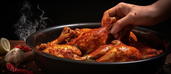 Leinwandbilder - Cooking chicken legs in spices with female hands at home bakery copy space image