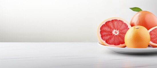 Aufkleber - Fresh and juicy grapefruit sliced on a grey plate on a white kitchen table copy space image