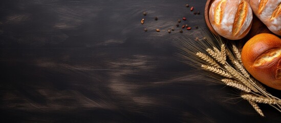 Poster - Freshly baked bread on dark table seen from above copy space image