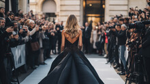 Back View Of Celebrity In Black Dress Turning Posing For Paparazzi On Red Carpet