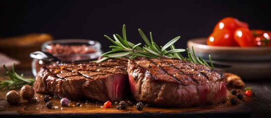 Fototapete - Grilled beefsteaks with ketchup and rosemary honey closeup Cutting board preparation copy space image
