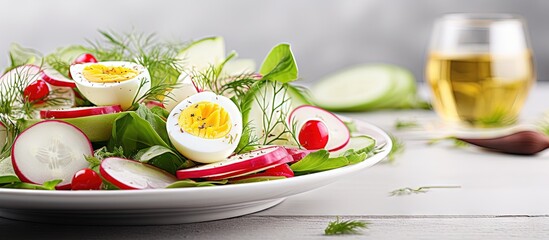 Poster - Easter salad with boiled egg radish and cucumber dressed with dijon mustard and lemon on a white table copy space image