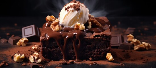 Aufkleber - Isolated hot chocolate brownie with walnuts and vanilla copy space image