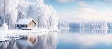 Finnish Lake House Nestled In Snowy Forest During Winter Copy Space Image
