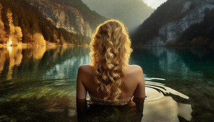 Wall Mural - Close-up of a young woman with beautiful long curly blonde hair, back view, relaxes by bathing in a mountain lake at sunrise or sunset. Concept of escape and relaxation in nature.