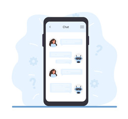 Wall Mural - chatbot concept. woman chatting with robot on smartphone screen. ai business assistant. online custo