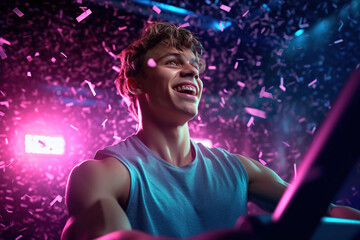 Handsome teenager working out on exercise machine with confetti at modern gym.