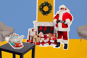 Poster - Exclusive magazine picture sketch collage image of smiling funky santa claus delivering new year presents isolated creative background